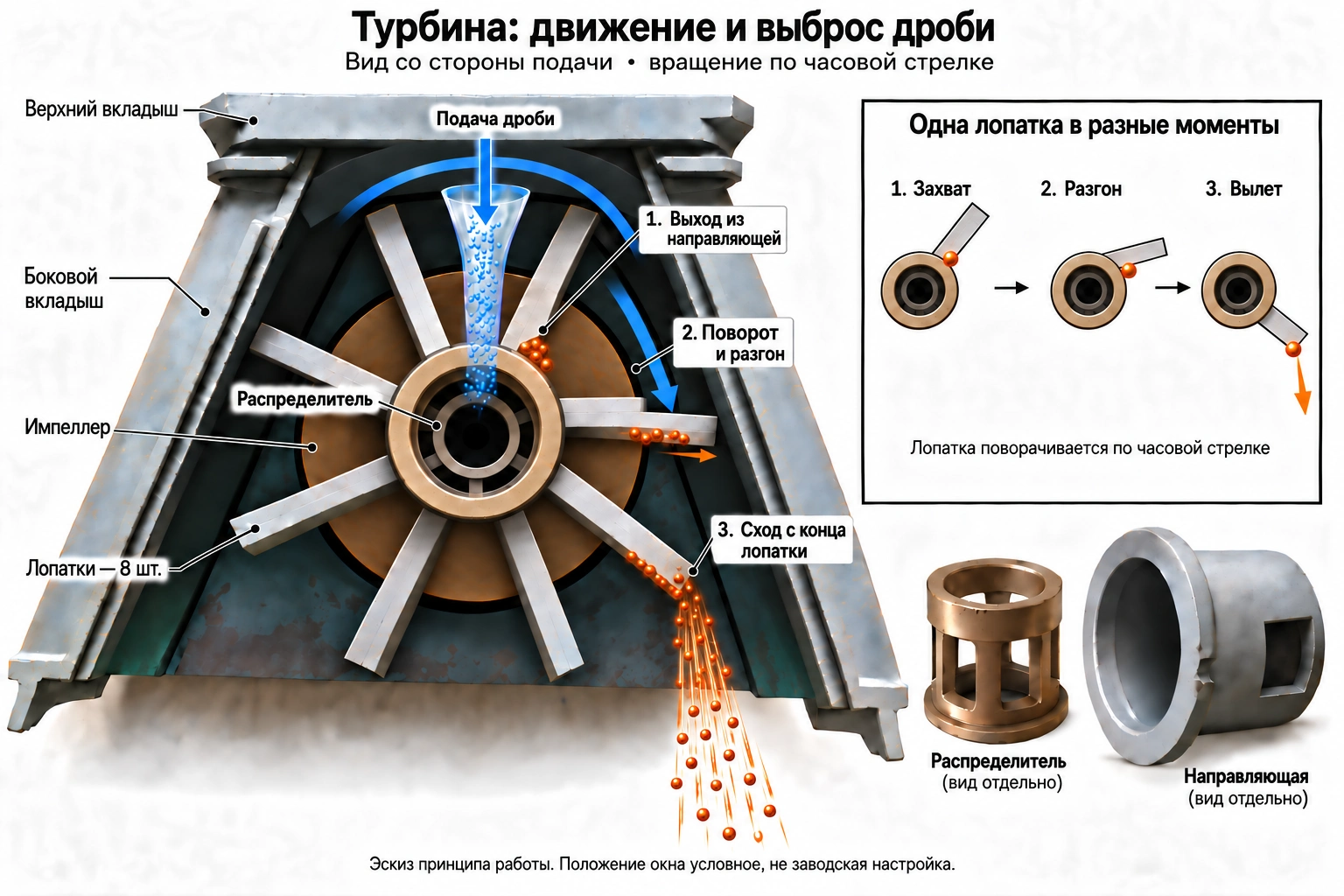 Принцип движения дроби: восемь лопаток, распределитель и неподвижная направляющая; справа одна лопатка в трёх последовательных положениях